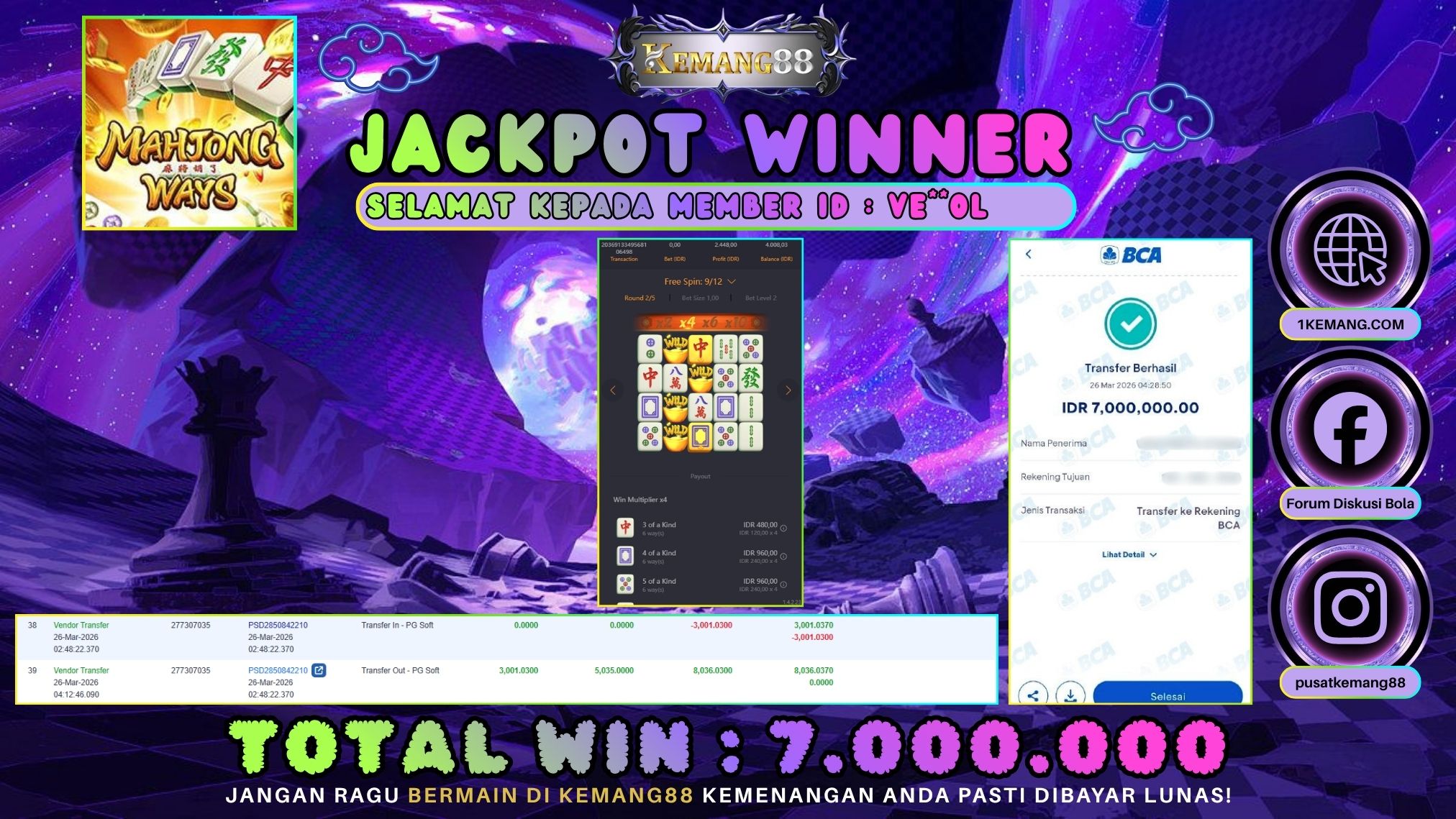 KEMANG88 [26 Maret 2026] : JACKPOT SLOT : MAHJONG WAYS 1 [PG] Rp. 7.000.000.,- LUNAS